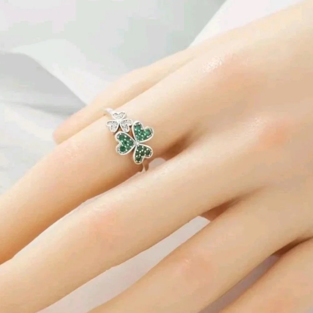 St Patrick Shamrock Irish Green CZ Flower Lucky Clover Ring 925 Sterling Silver